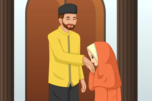 Sebuah Ilustrasi Vektor Dari Muslim Girl Kissing Tangan Ayahnya - Stok Vektor