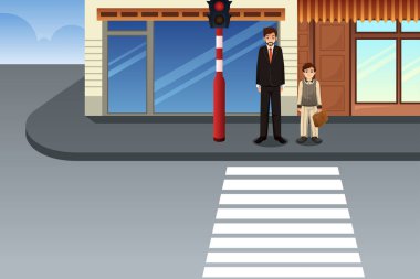 Baba ve oğlu bekleyen trafik ışığı, bir vektör çizim