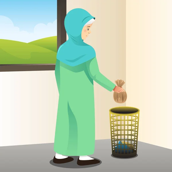 穆斯林妇女捡垃圾的矢量例证 — 图库矢量图片