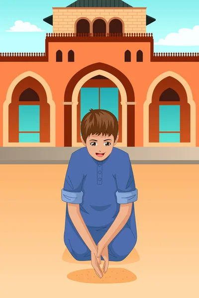 Illustration Vectorielle Enfant Musulman Priant Dans Une Mosquée — Image vectorielle