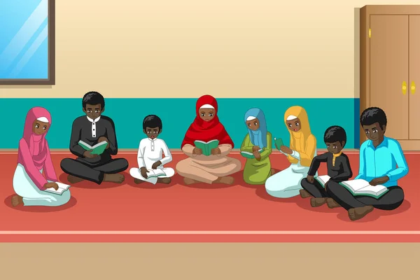 Familia Musulmana Africana Estudiando Corán Juntos — Vector de stock