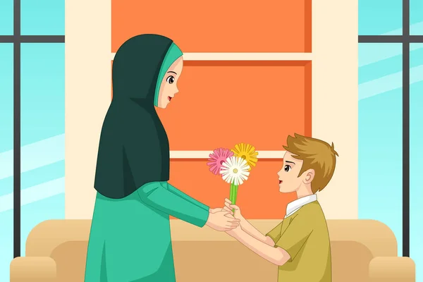 Niño musulmán dando flor a su madre Ilustración — Vector de stock