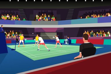 Bir Turnuva Maç İllüstrasyon Badminton Oyuncular