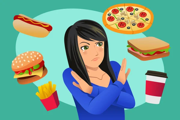 Mujer rechazando la tentación de comida rápida Ilustración — Vector de stock