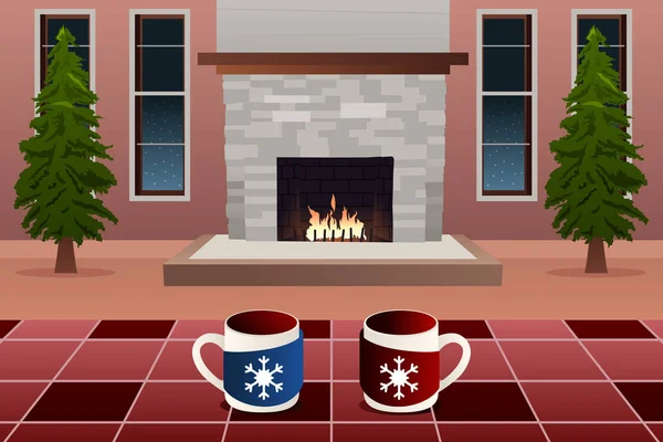 Deux tasses devant la cheminée pendant la saison hivernale Illustration — Image vectorielle