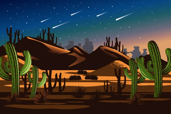 Paisaje nocturno de cactus del desierto Naturaleza Ilustración — Archivo Imágenes Vectoriales