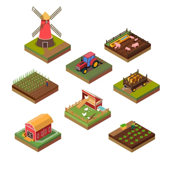 Ilustração Isométrica de Objetos de Fazendas — Vetor de Stock