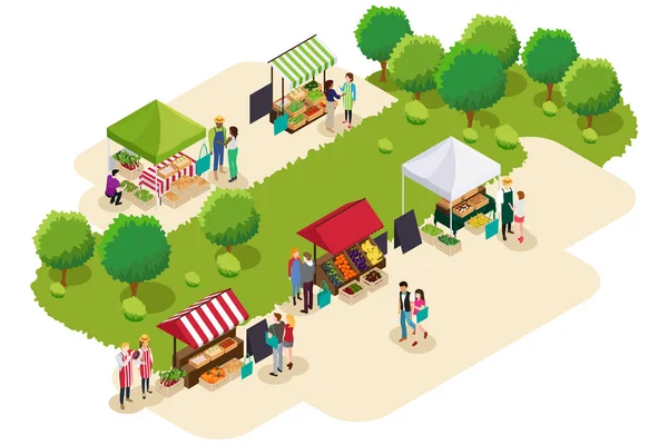 Isométrico de las personas que compran en Farmers Market Illustration — Vector de stock