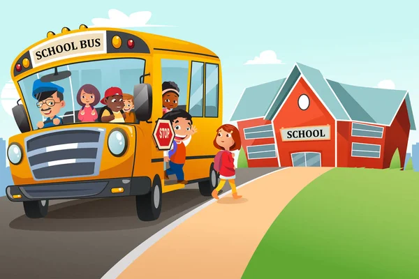 Niños de la escuela bajándose del autobús escolar Ilustración — Vector de stock