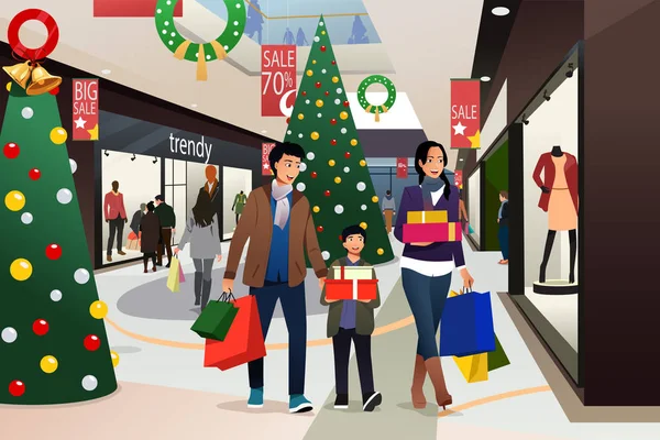 Asiática familia ir de compras durante la Navidad ilustración — Vector de stock