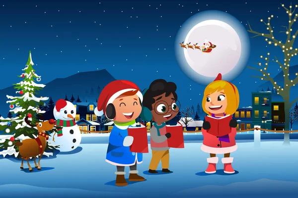 Kinderen zingen buiten tijdens kerstseizoen illustratie — Stockvector