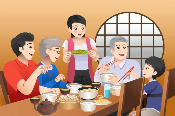 Família Chinesa Comendo Juntos em Casa Ilustração —  Vetores de Stock