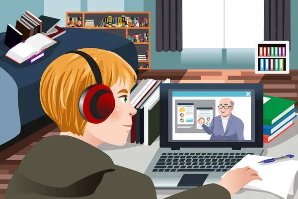 Vector Illustration Student Learning Online Home — 스톡 벡터
