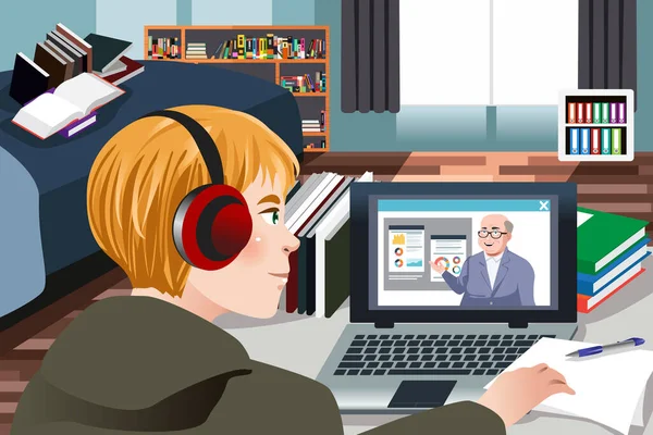 Vector Illustration Student Learning Online Home — Stockvektor