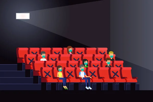 Salgın Sırasında Bir Tiyatronun Içinde Film Izleyen Insanların Vektör Çizimi — Stok Vektör