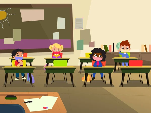 Eine Vektor Illustration Von Schulkindern Klassenzimmer Mit Maske — Stockvektor