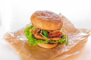 Kızarmış baharatlı tofu burger beyaz arka plan üzerinde Asya tarzı