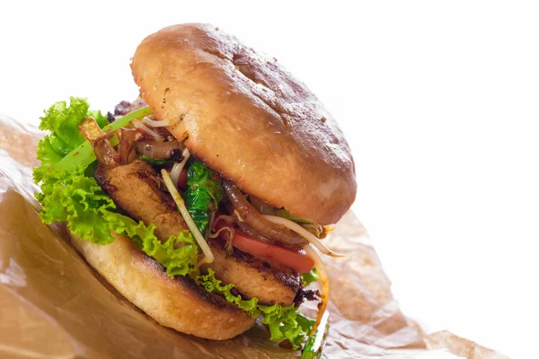 Kızarmış Baharatlı Tofu Burger Beyaz Arka Plan Üzerinde Asya Tarzı — Stok fotoğraf