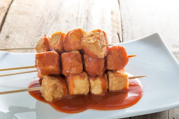 Pincho Tofu Frito Con Salsa Picante Chile —  Fotos de Stock