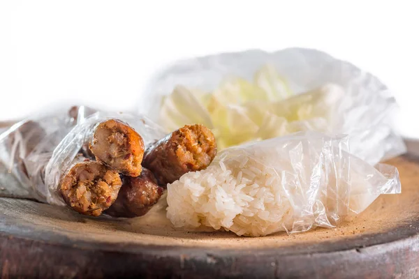 Thai Barbecue Sausage Sticky Rice Vegetables Typical Street Market Food — Stock Photo, Image