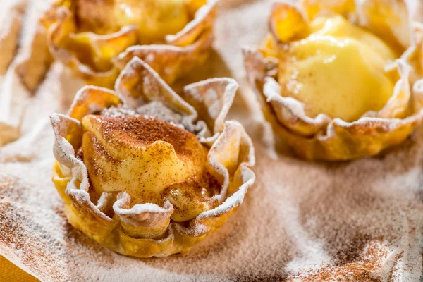 Small Christmas Tart Filled Vanilla Lemon Cream Powdered Icing Sugar — Stock Photo, Image