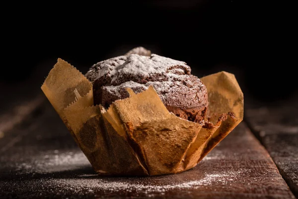 Homemade Chocolate Muffin Wood Table Powdered Icing Sugar — Stock Photo, Image