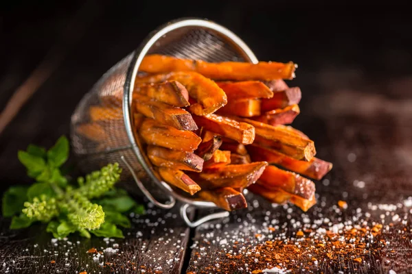 Spicy Sweet Potatoes Fries Dark Wood Table — Stock Photo, Image