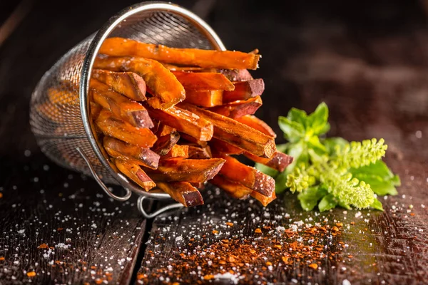 Spicy Sweet Potatoes Fries Dark Wood Table — Stock Photo, Image