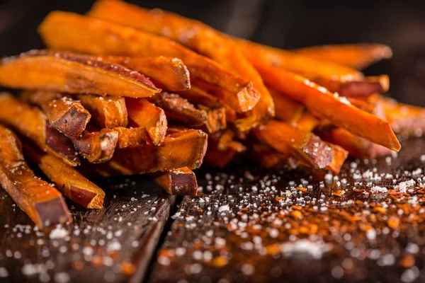 Spicy Sweet Potatoes Fries Dark Wood Table — Stock Photo, Image