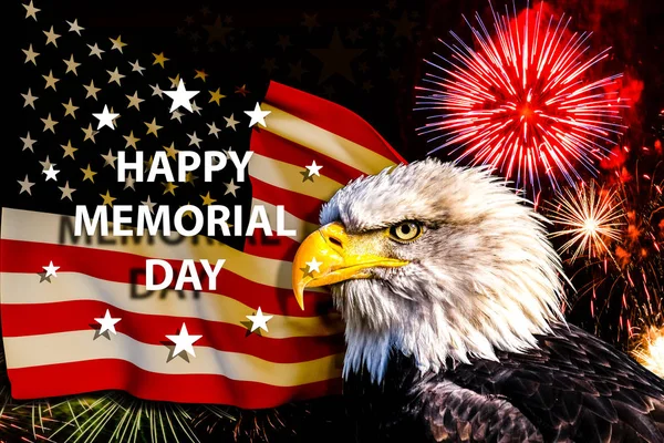 Composite photo of a Bald Eagle with a flag and fireworks in the background. Nice patriotic image for Independence Day, Memorial Day, Veterans Day and Presidents Day.