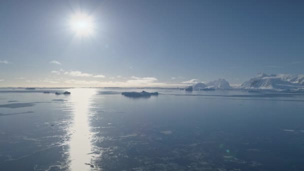 남극 바다 위에 공중 비행입니다. 밝은 태양. — 비디오