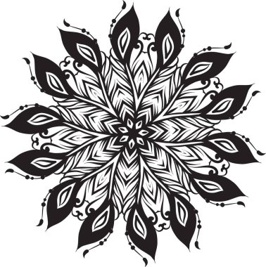 Çiçekli, yuvarlak dantelli mandala sahip soyut vektör, etnik kabile tarzında dekoratif unsur, beyaz arka planda siyah çizgi sanatı