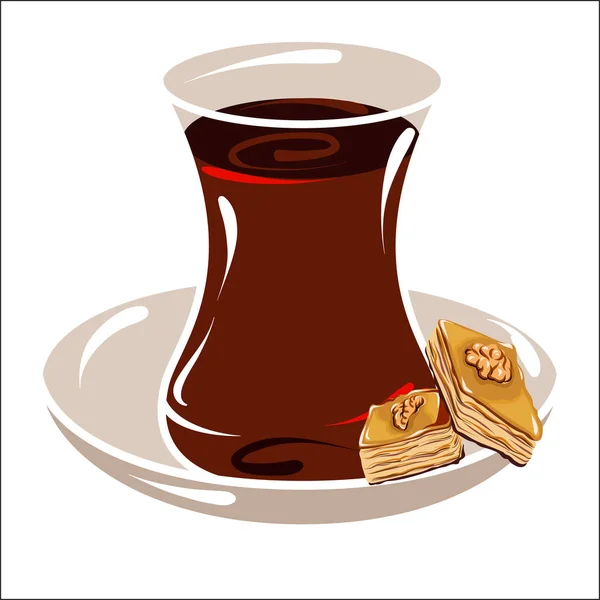 Taza turca con té en un platillo — Vector de stock