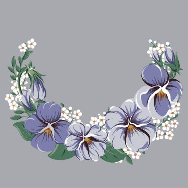 Vektör çizimleri yarı yuvarlak çelenk ile mor yaprakları ve menekse çiçekler, çerçeve çiçek