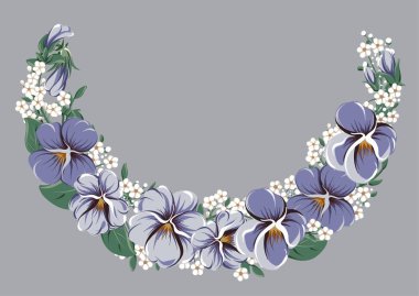 Vektör çizimleri yarı yuvarlak çelenk ile mor yaprakları ve menekse çiçekler, çerçeve çiçek