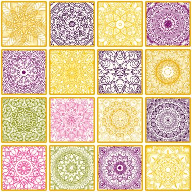 Renkli çiçek seamless modeli patchwork boho chic tarzı, Portekizce ve Fas motifi olarak mandala ile kareler üzerinden