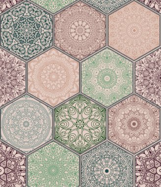 Mandala altıgen elemanları ile renkli çiçek patchwork boho chic tarzı oryantal seamless modeli
