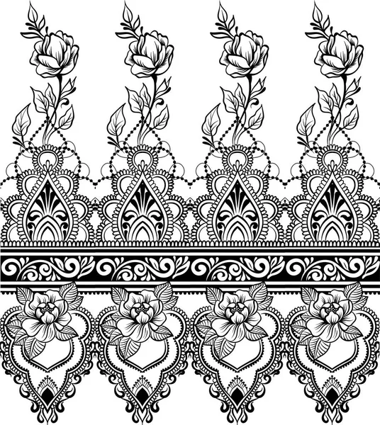 Ligne Art Indien Ethnique Bordure Sans Couture Avec Des Fleurs — Image vectorielle