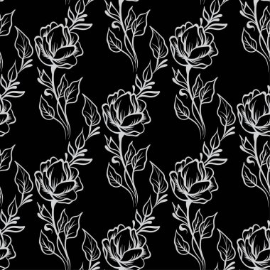 Dantel şık vintage çiçek desenli - siyah bir arka plan, elle çizilmiş vektör çizim ışık gri hat sanatı