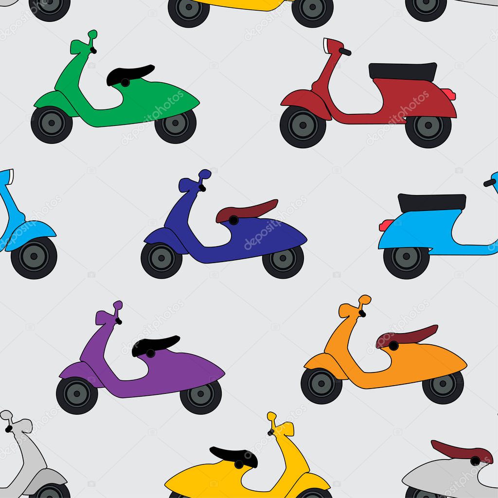 Seamless pattern with colorful vector handdrawn paint of italian moped on a lightgray background