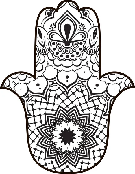 Gambar Dari Garis Seni Tangan Fatima Hamsa Dengan Pola Etnis - Stok Vektor