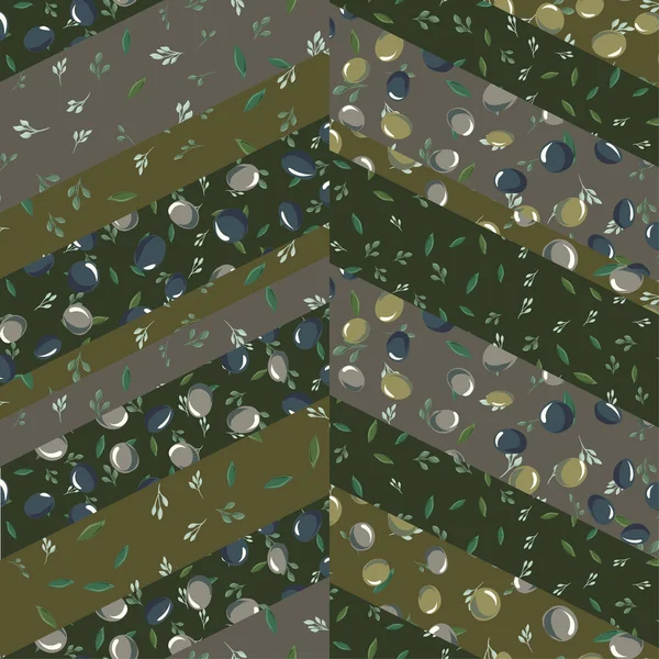 不同颜色橄榄叶和橄榄在斜面矩形中的矢量无缝图案 — 图库矢量图片