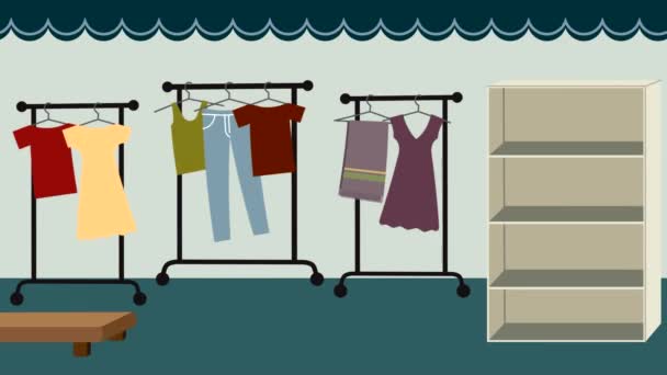 Animazione Della Creazione Negozio Abbigliamento Vestiti Scaffali Scarpe Appendini — Video Stock