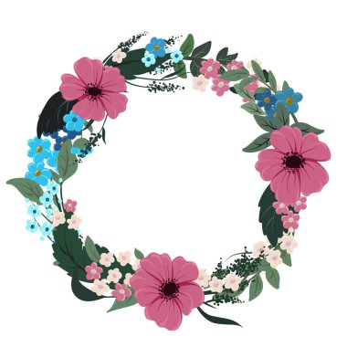 yaprakları ve şirin çiçekler, çerçeve çiçek ile yuvarlak çelenk vektör çizimleri