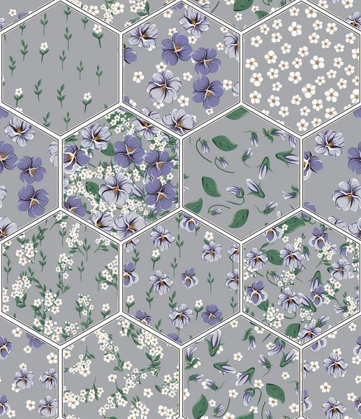 Διάνυσμα Απρόσκοπτη Συνονθύλευμα Μοτίβο Βιολετί Φύλλα Και Μικρά Λευκά Άνθη — Διανυσματικό Αρχείο