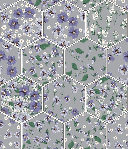 Διάνυσμα Απρόσκοπτη Συνονθύλευμα Μοτίβο Βιολετί Φύλλα Και Μικρά Λευκά Άνθη — Διανυσματικό Αρχείο