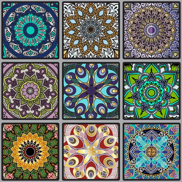 Colorato Motivo Floreale Senza Cuciture Quadrati Con Mandala Stile Boho — Vettoriale Stock