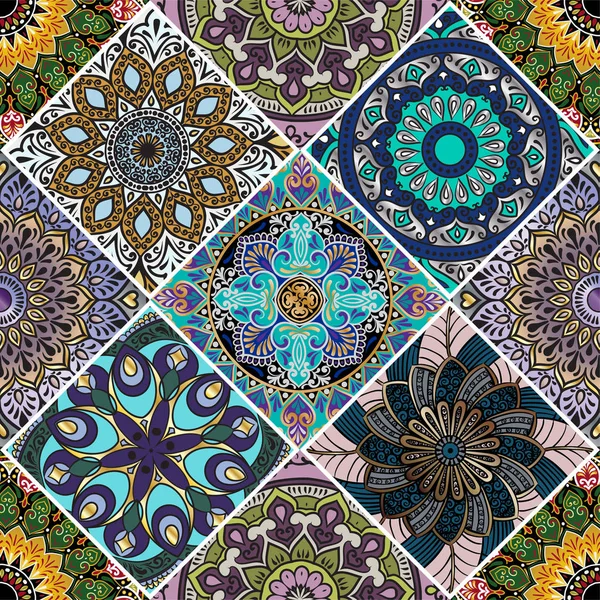Colorato Motivo Floreale Senza Cuciture Diversi Rombo Con Mandala Stile — Vettoriale Stock