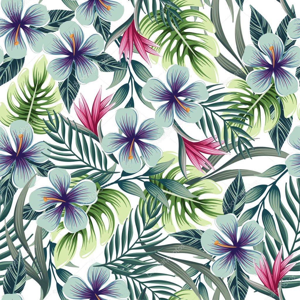 Seamless colorful pattern with tropical plants and flowers on a white background