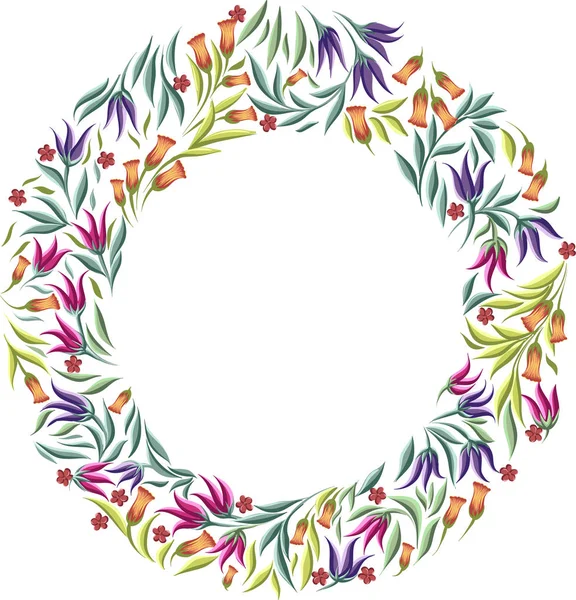 Couronne de cadre floral ronde avec différentes fleurs — Image vectorielle